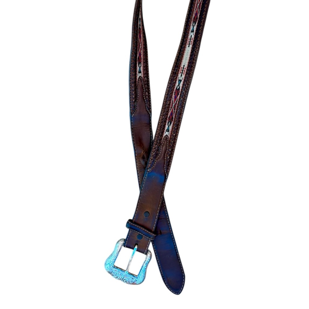 Tony Lama Brown Leather Belt with Silver Buckle and Turquoise Stitching